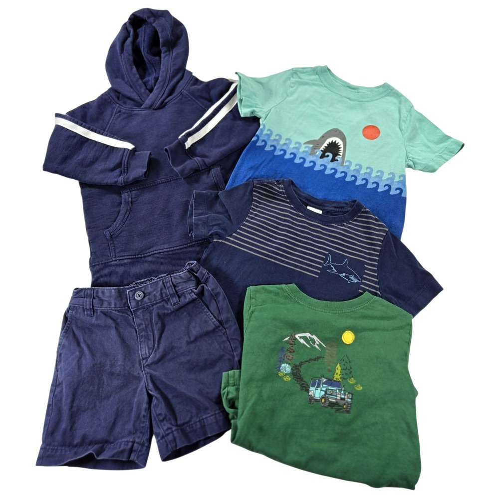 Hanna Andersson Boys 5 Piece Lot 4 100cm Hoodie Shark Tees Chino Shorts Blue
